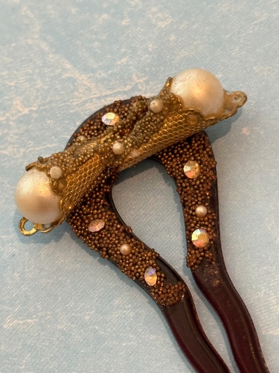Vintage ART DECO Rhinestone and Pearls Celluloid Hair Ornament French Hair Pick